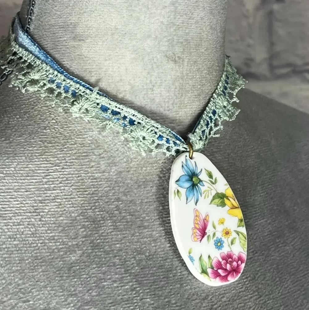 Handmade Cottagecore Shabby Chic Pendant Necklace with Upcycled China Piece